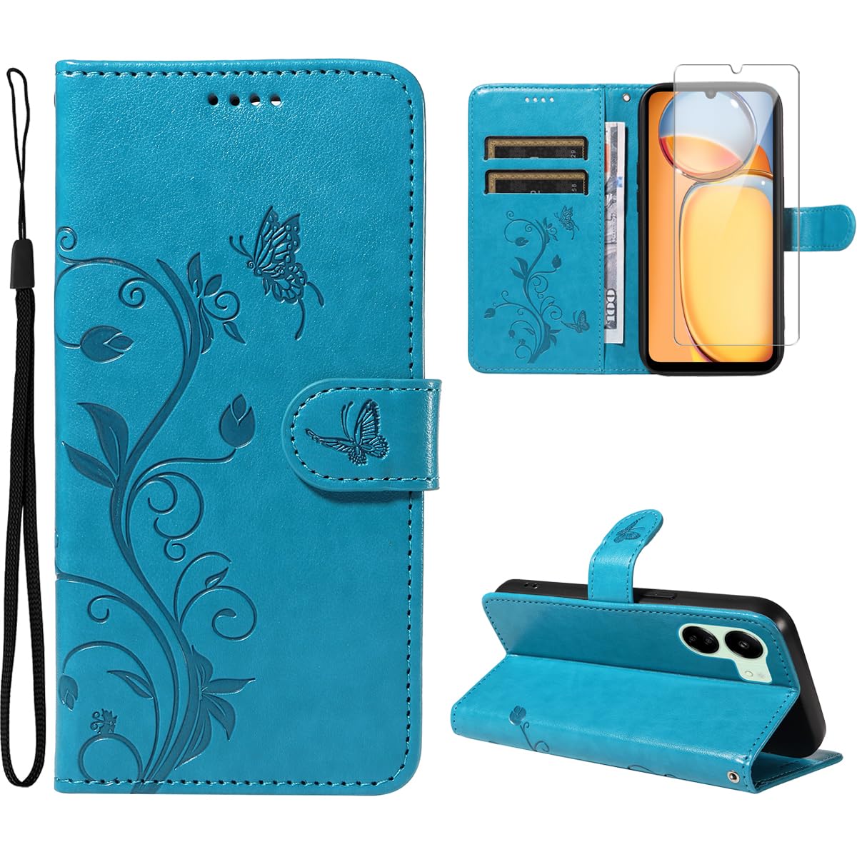 Reshias Cover per Xiaomi Redmi 13C 4G / Poco C65 con 1 Pezzi Vetro Temperato Pellicola Protettiva, Pelle PU e Flip Custodia, Funzione Supporto e Portafoglio Caso, Modello a Farfalla Case (Blu