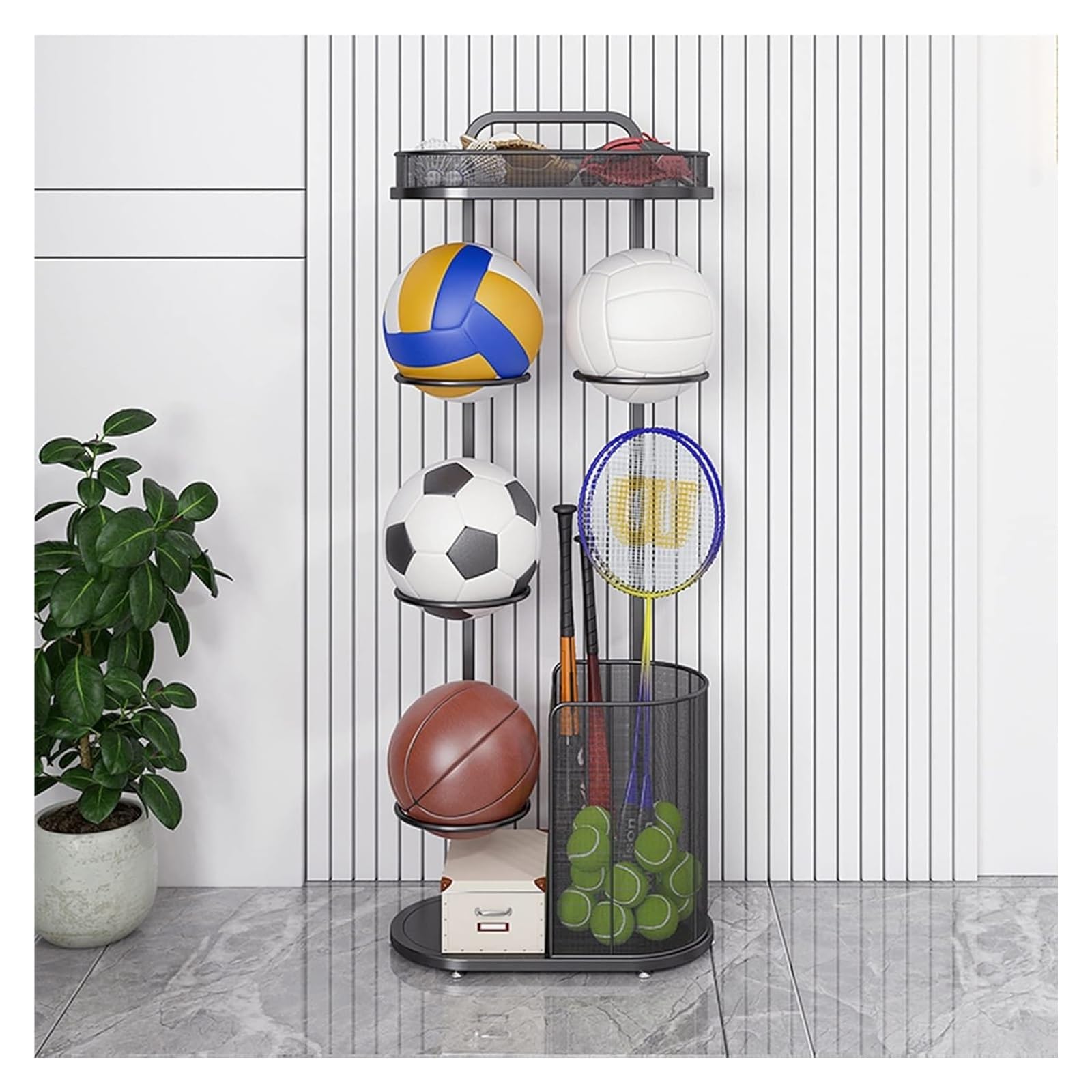 Stojak do przechowywania koszykówki, solidny metalowy stojak do przechowywania piłek, 110 cm wysokości, do koszykówki i piłki nożnej, garażu, sprzętu sportowego, stojak ekspozycyjny, trwały uchwyt na