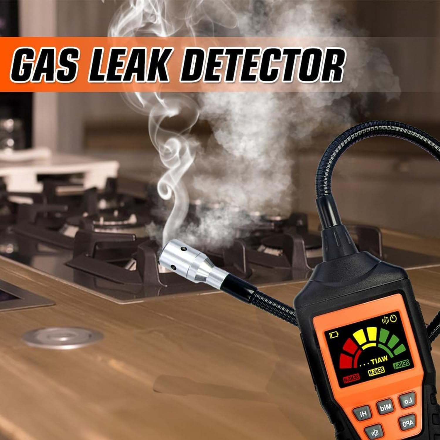 Combustible Gas Detector, Analog Bar Display and Audio Alarm, with 16in Gooseneck, Sensitivity (Methane) 50ppm, for Detect Combustible Gas Leaks in Pipelines, Equipment, Regulators, and More