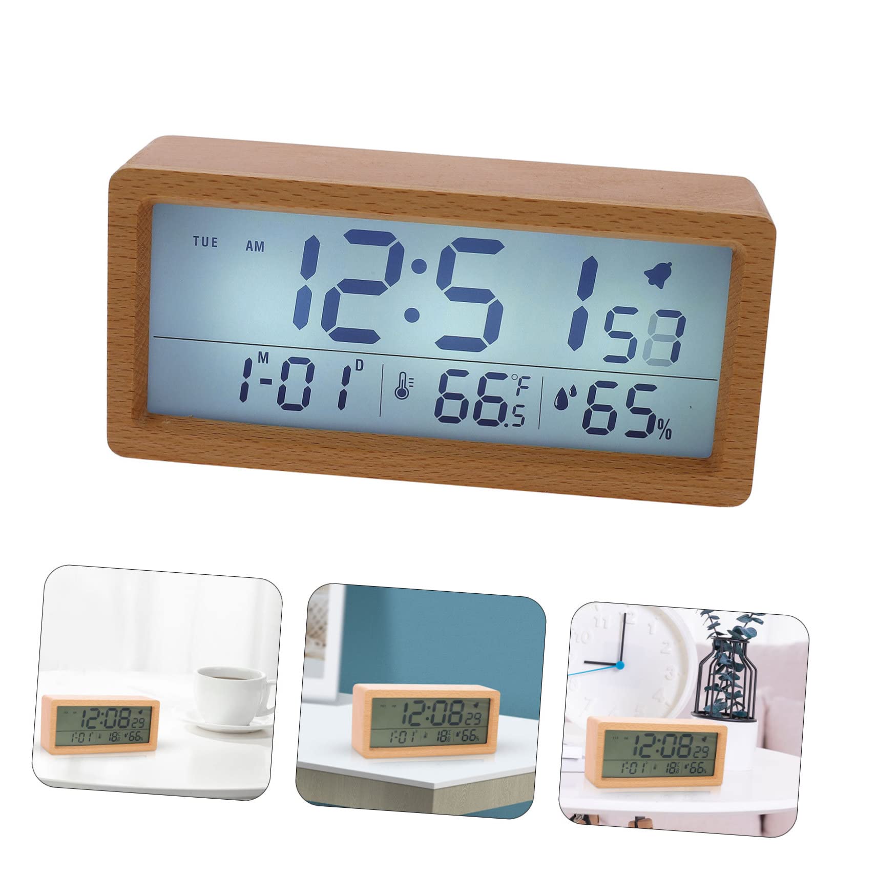 Amosfun 2 Juegos Reloj Despertador Digital Multifuncional de Madera con Pantalla Grande y Sensor de Temperatura para Mesita de Noche No Incluye Batería