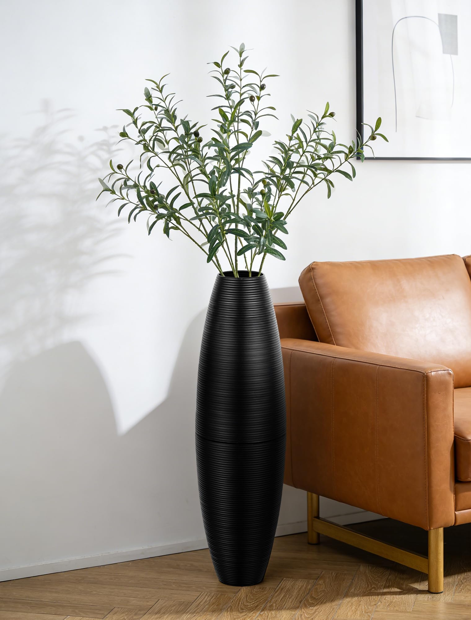 Sziqiqi Schwarz Bodenvase Groß 70cm: Metall Große Vasen für Boden für Wohnzimmer Flur Esszimmer Kaminkonsole Deko - Modern Rippen Bodenvasen Hoch für Pampasgras Trockenblumen Dekozweige Federn