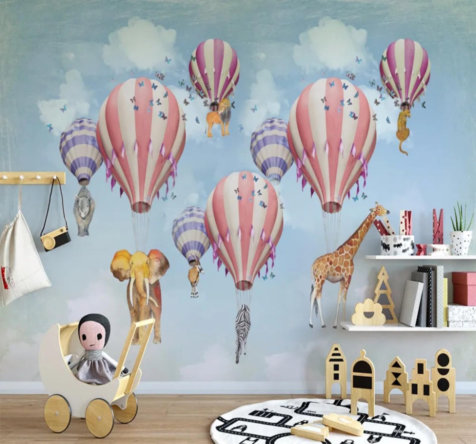 Wallpaper-3D-Xlm 250Cm×170Cm(B×H) Hot Air Balloon Giraffe Elephant Animals Cartoon 3D Wallpaper Easy Install Feature Office Living Room Sofa Bedroom Tv Background Wall Decoration-250Cm×170Cm