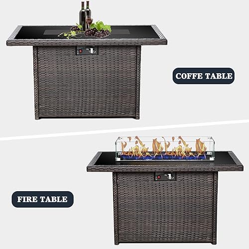 Miniatura 6 de KHOLH Mesa de fogata de gas propano de 44 pulgadas para patio exterior, 60000 BTU rectangular de mimbre al aire libre con protector de viento de