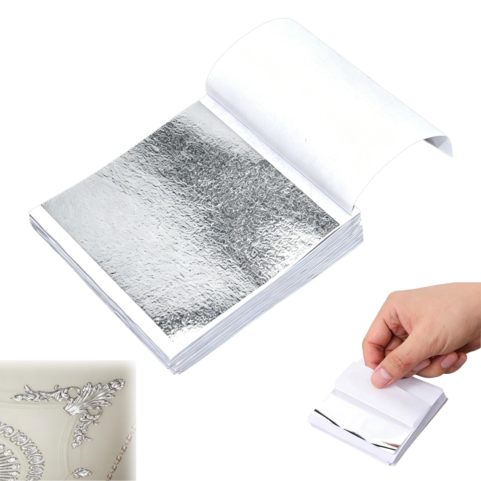 100 Hojas de Plata de imitación para Manualidades, 8.5 x 8 cm, Pan de Plata Flexible, Ideal para Pintura, decoración, Muebles, uñas y proyectos creativos de Bricolaje