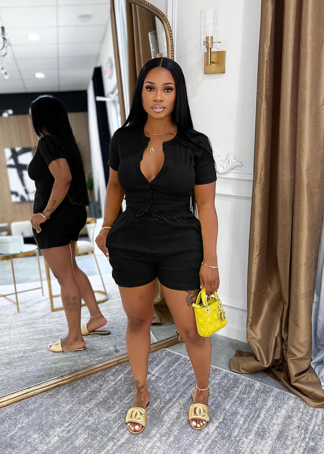 Vssjavun Women's 2 Piece Outfits Ribbed Knit Button Down Short Sleeve Top Bodycon Short Sets Matching Sets Loungewear - Image 6