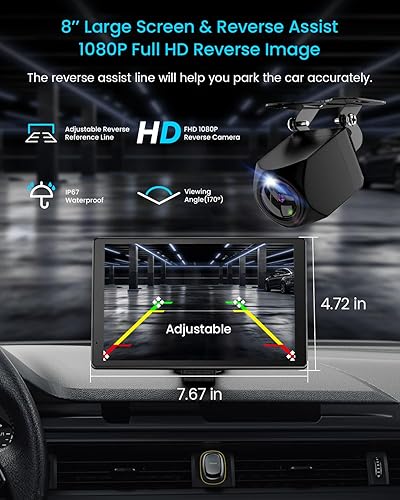 Miniatura 8 de Pantalla inalámbrica Apple CarPlay de 8 pulgadas para automóvil con Android Auto y cámara de respaldo 1080P, pantalla táctil giratoria para