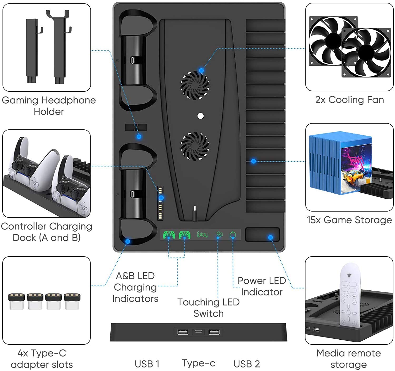 Podstawka ładująca PS5 z wentylatorem chłodzącym do konsoli i kontrolera PS5 / PS5 Digital Edition, pionowa stacja ładująca z podwójnymi portami ładowania kontrolera i 15 gniazdami na gry, zdalna stacja dokująca do zestawu słuchawkowego