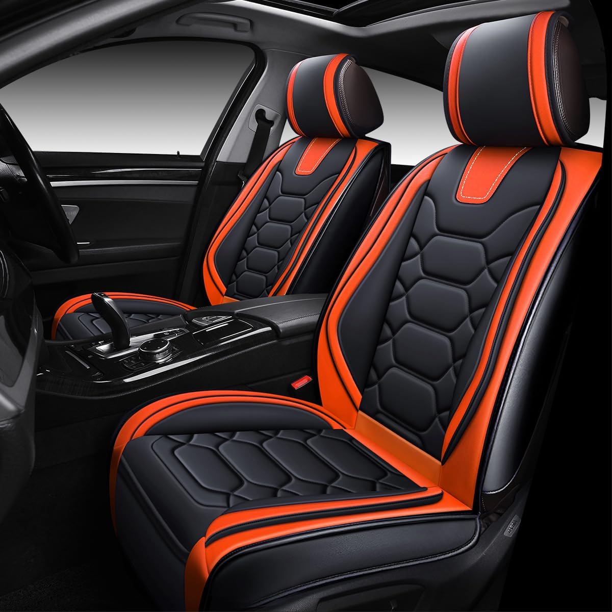 OASIS AUTO Car Seat Covers Full Set, Sporty Faux Leather with Honeycomb Pattern, Waterproof Universal Fit for SUV, Sedan, Pick-up Truck, Automotive Interior Accessories (OS-004 Black&Orange)