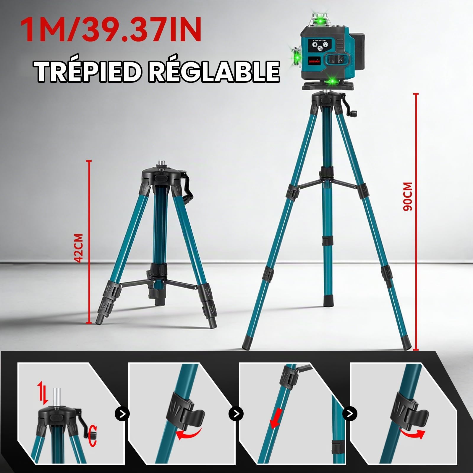 ONEVAN Niveau Laser Croix avec Trépied 4D 16 Lignes Vert avec 2x2400mAh | 4x360° Couverture, 1m Support, ±3° Auto-nivellement, App&15m Télécommande, Protection IP54, Aménagement intérieur, Carrelage