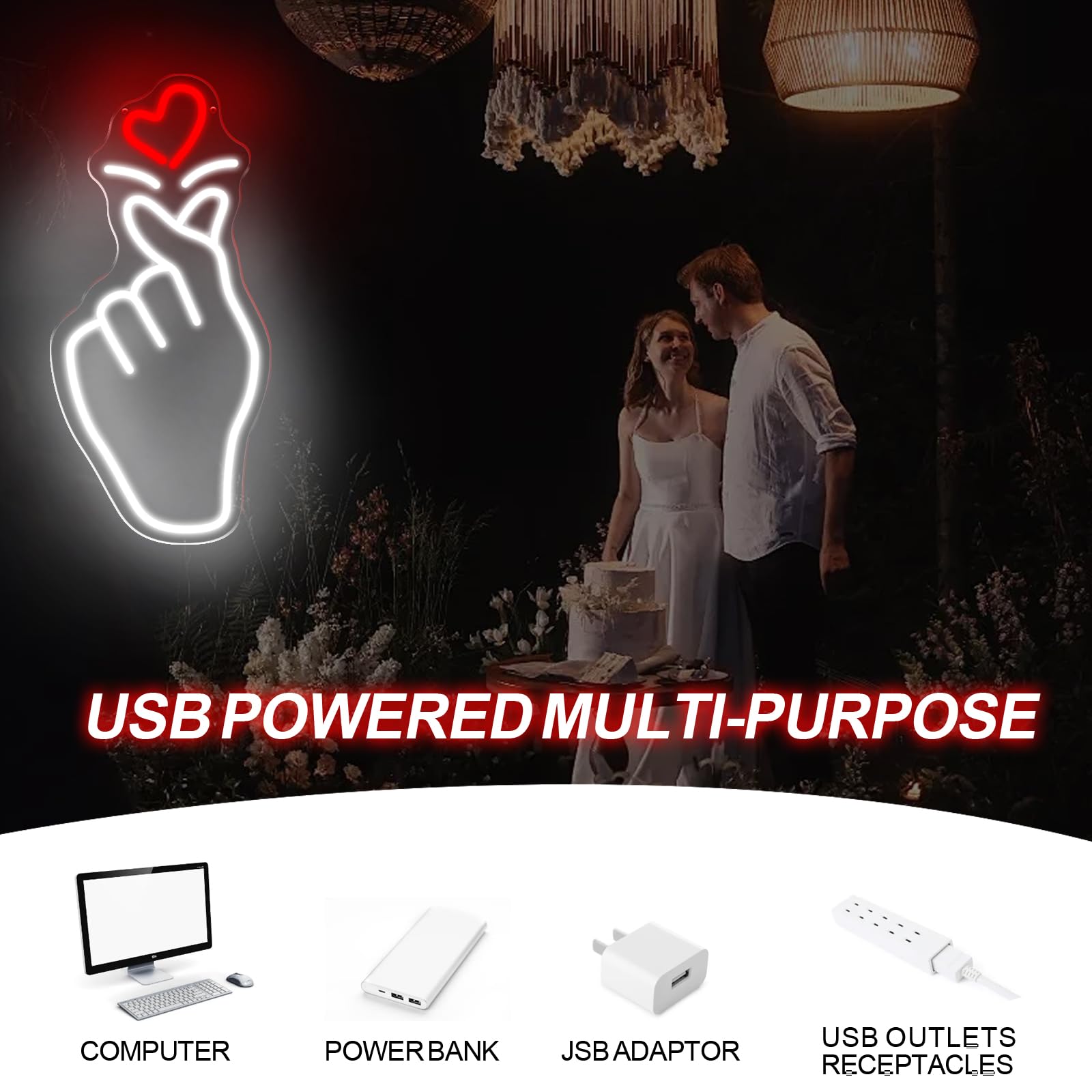 Letrero de neón con forma de corazón de dedo, 42,7 x 20,1 cm, luz LED de pared, alimentado por USB, romántica, decoración para dormitorio, sala de estar, día de San Valentín, boda, fiesta