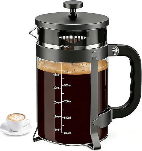 Vista 13 de QUQIYSO Cafetera de prensa francesa de acero inoxidable 304 con 4 filtros, resistente al calor, duradera, fácil de limpiar, prensa de café de vidrio