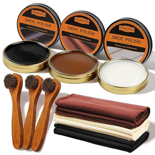 9 Pcs Shoe Polish Kit for Men & Women, 3 Pcs Horsehair Shoe Brushes, Brown Neutral Black Shoe Polish