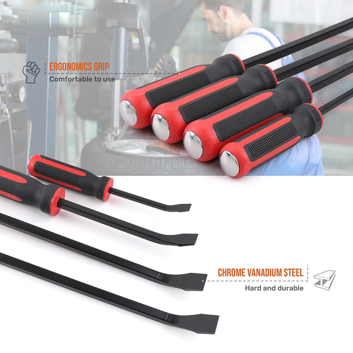 Piede di Porco 300mm, Piede di Porco Professionale, Palanchino, Leva con Impugnatura in Plastica, Teste Battenti in Metallo, per Pneumatici, Attrezzo a Leva per Auto, Moto, Biciclette (12 Pollici)