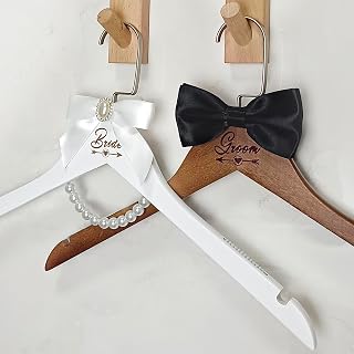 Pair of Bride Hanger Wooden Wedding Dress Non-Slip Pearl Hangers Groom Suit and Gown Hanger with Bow Tie Bridal Party Personalized Gift (Style 3)