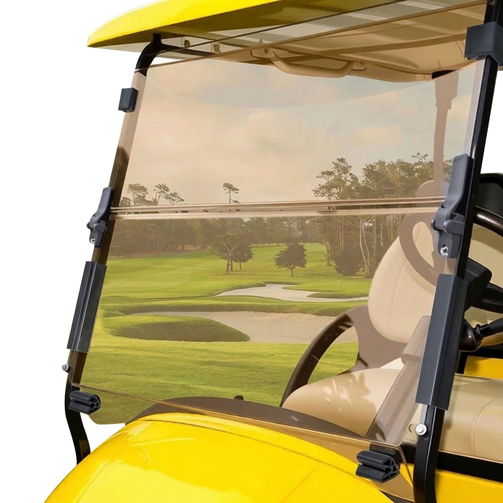 Photo 1 of (3rd Gen HINGE) Club Car Precedent Windshield, 3/16" (5MM) Thickened PC Golf Cart Windshield for Precedent/Tempo/Onward (2004-Up), Heavy Duty Hinge, Foldable, Pre-installed Design Fits 1" Rail