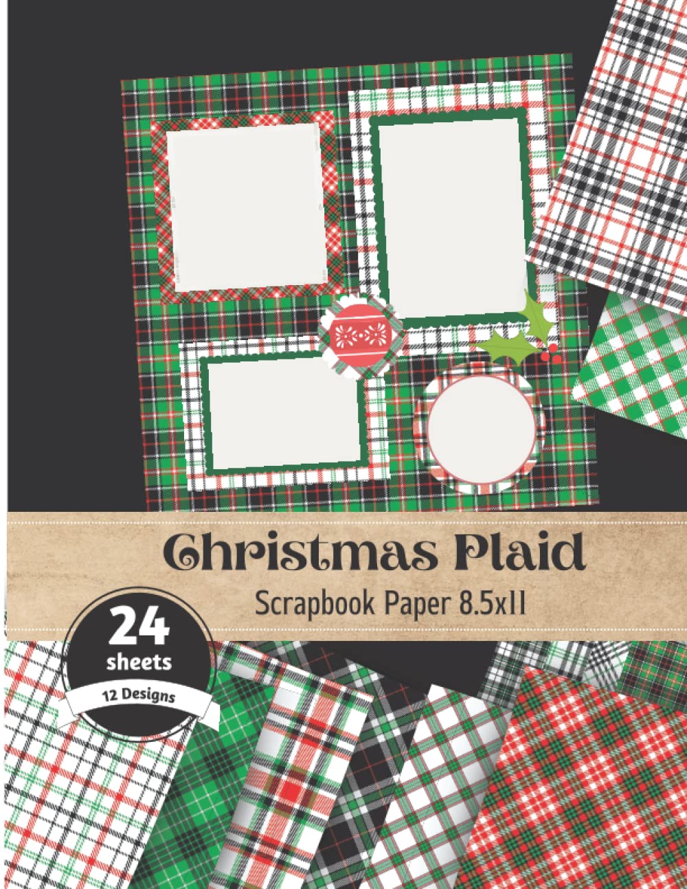 Christmas Plaid Scrapbook Paper 8.5x11 Red Green Black Card Making Decorative Double Sided Holiday, 12 Designs 24 Sheets, Junk Journal, Scrapbooking