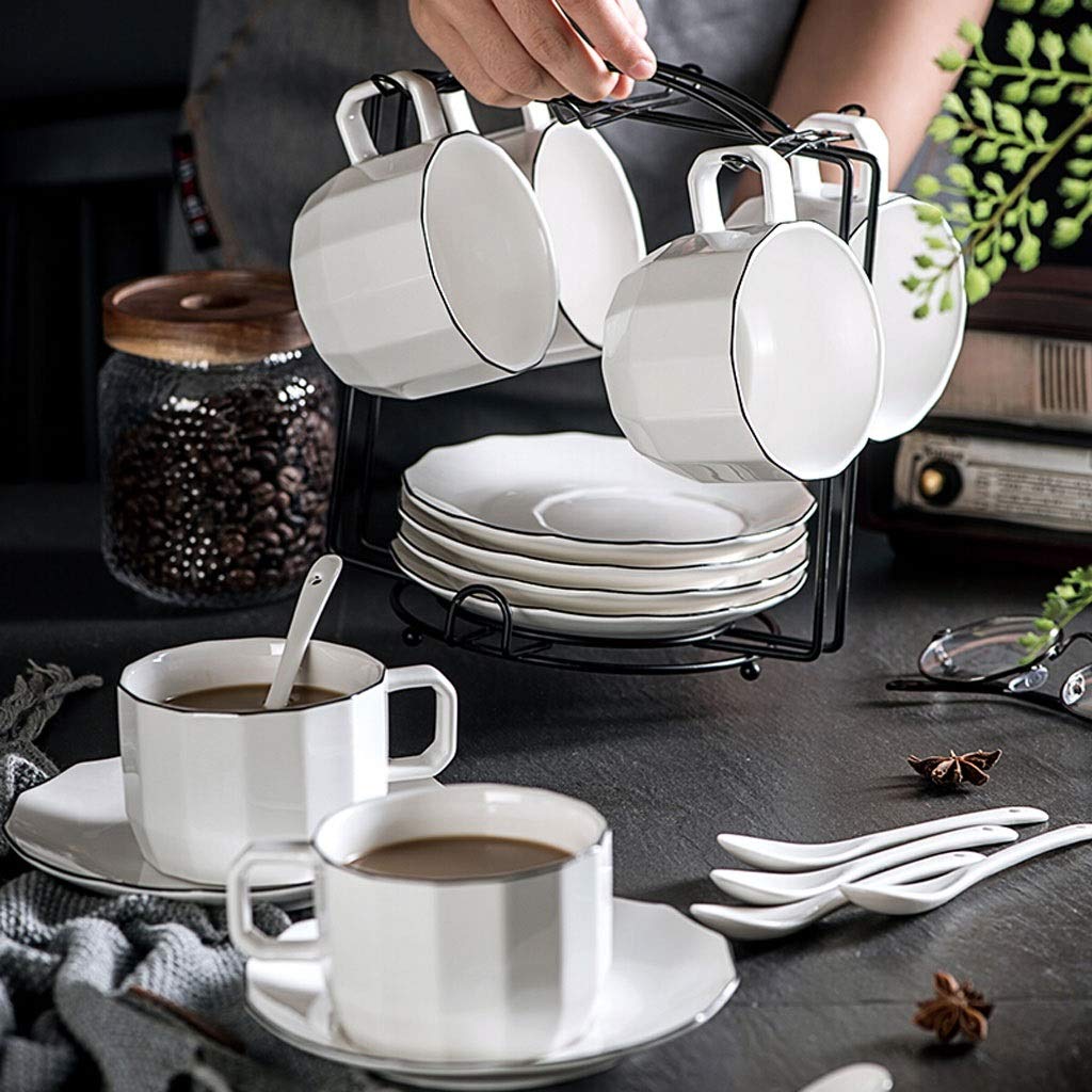 Set di Tazze Classiche Serie di Set da tè e caffè in Ceramica, 6 Tazze e piattini, cucchiaino e Supporto per caffè, Adatto per caffè, Tazze da tè e Salse per Il tè pomeri，