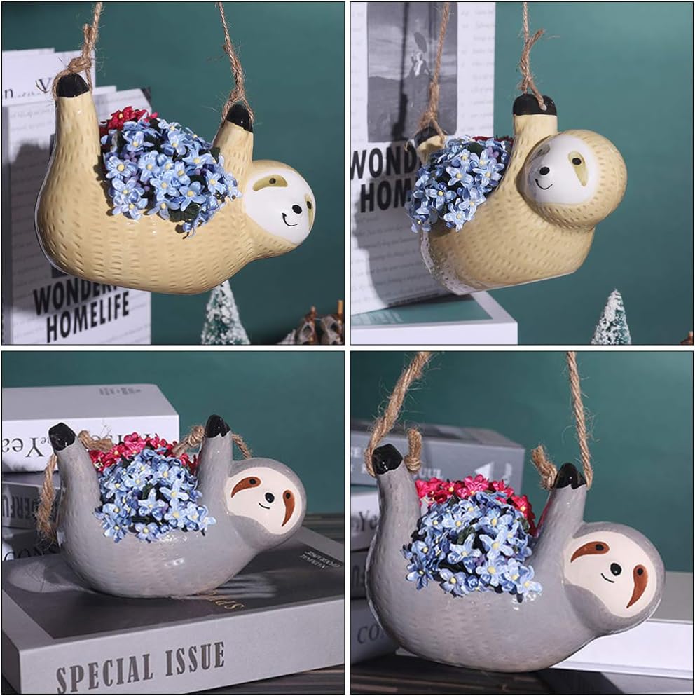 Cabilock 2pcs Sloth Ceramic Wall Planter Hanging Pot for Indoor and Outdoor Decor Flower Holder and Space-Saving Plant Container