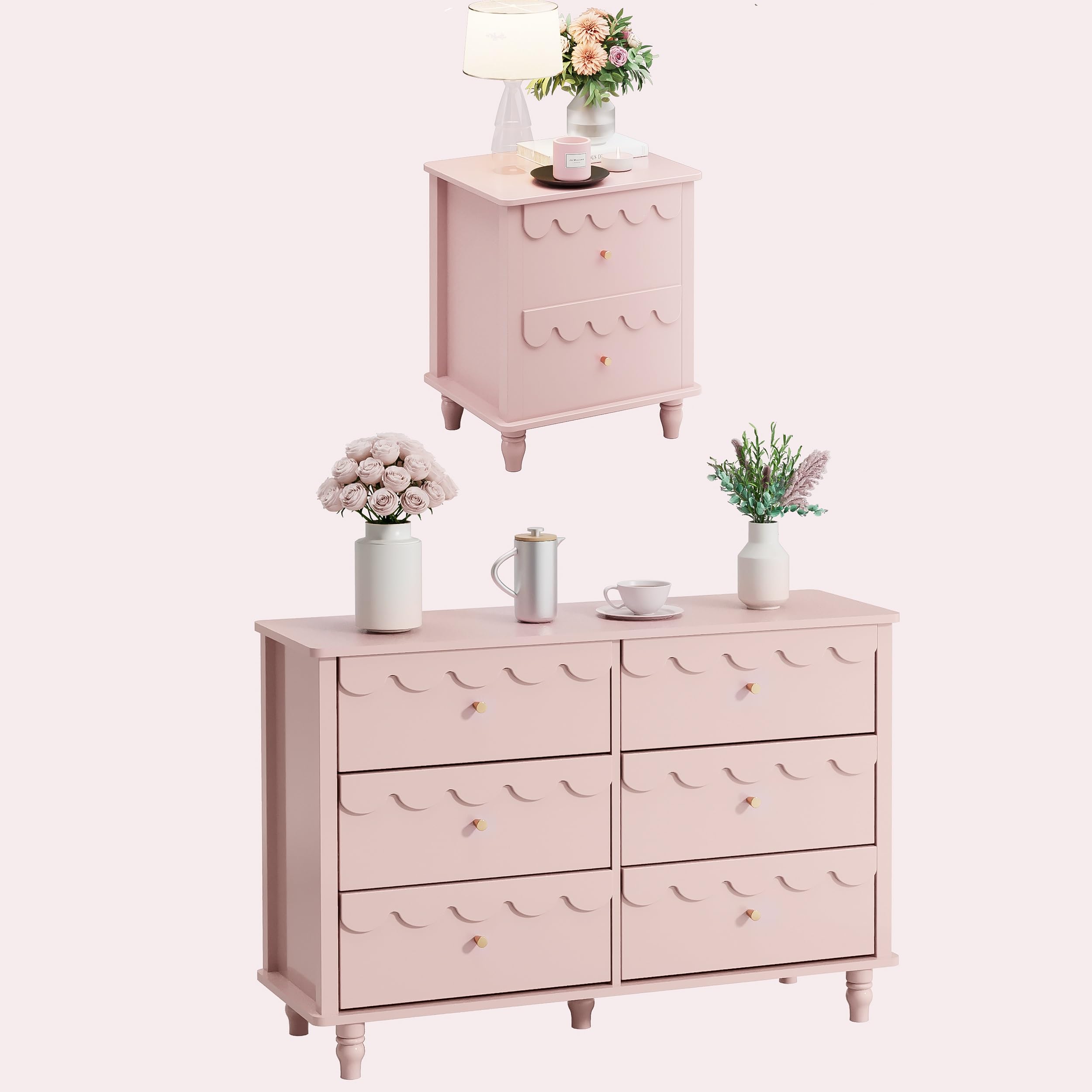 Anbuy Bedroom Set 2 PCS 6 Drawer Dresser and Night Stand Sets for Bedroom, Two Drawers Nightstand & Scalloped 6 Drawer Dresser Combo 2 Pieces (Pink)