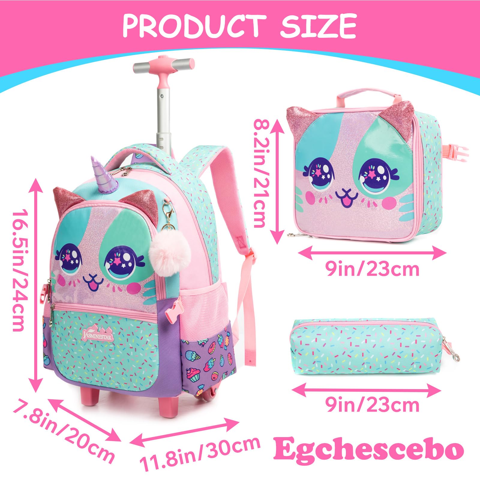 Mochilas Escolares con Animales Ruedas Carro Niña 17" 3PCS Mochila Carrito para Trolley Escolar Bolso de Viaje Estuche Stitch Mujer Maleta Colegio Grande Medianas Infantil Niñas Rosa