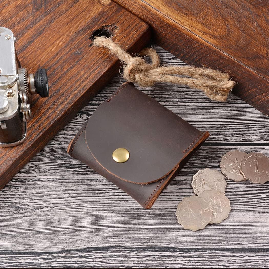Genuine Leather Squeeze Coin Purse Pouch Rustic Moon Pocket Coin Case Mini Coin Tray Purse with Leather Snap Button – Dark Brown