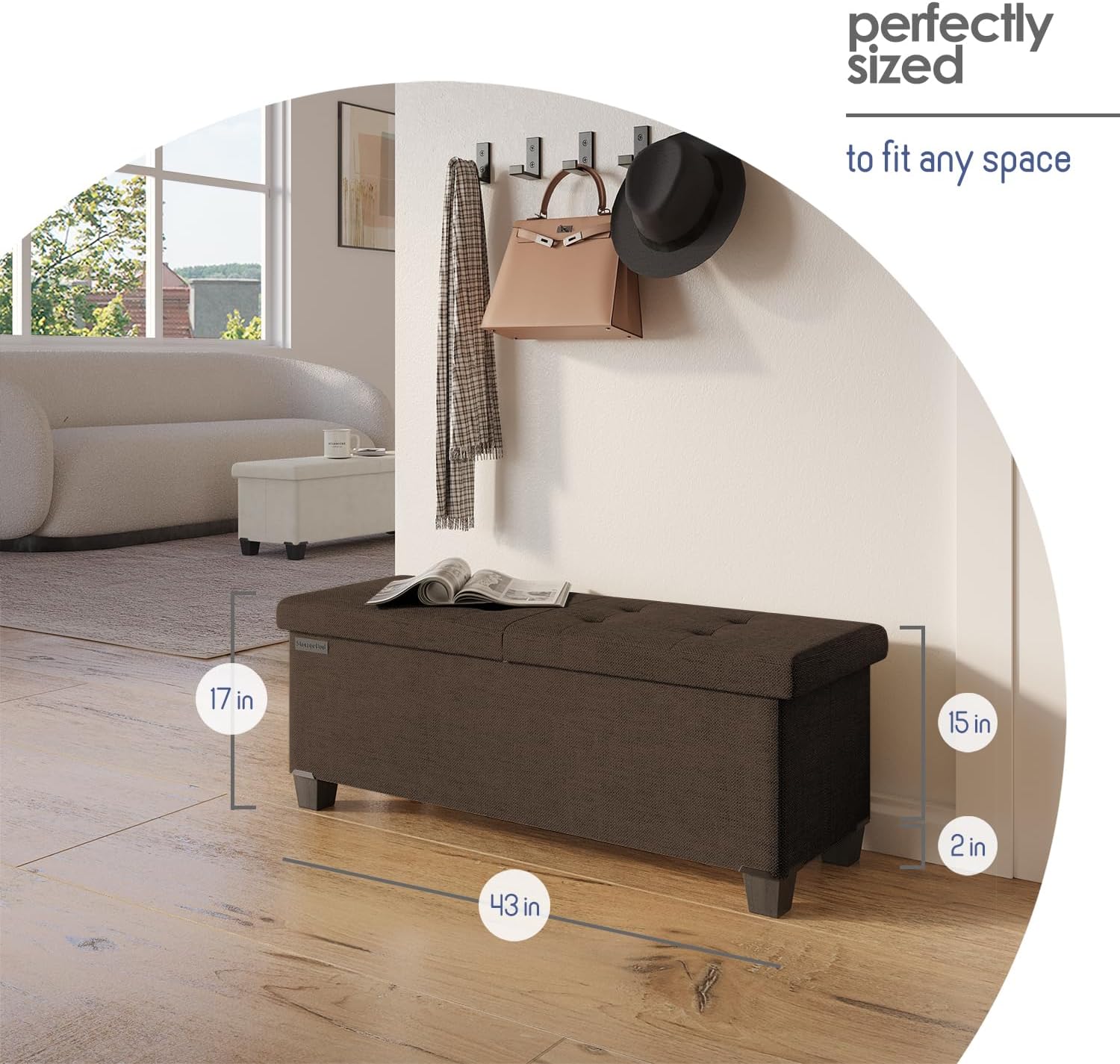 Storage Ottoman Bench with Bins, 43-in Storage Bench for Bedroom End of Bed, Folding Foot Rest Ottoman for Living Room Max 660lbs, Fabric Ottomans, Brown - Image 10