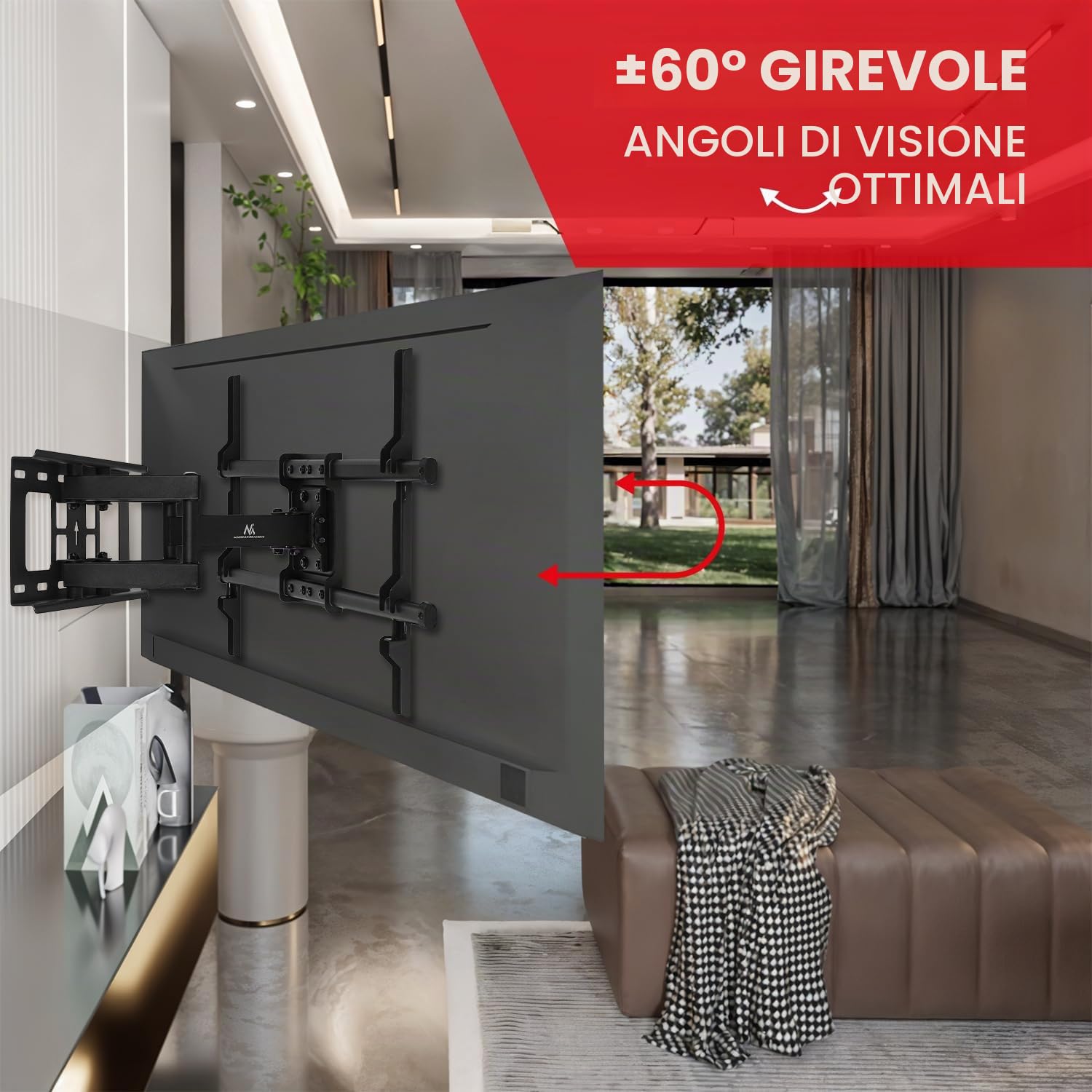 Maclean Supporto da parete per TV da 32 a 85", inclinabile e orientabile, portata fino a 60 kg, distanza dalla parete 65 – 390 mm, VESA 200 x 100 – 600 x 400 cm, per OLED QLED LCD, con livella a bolla