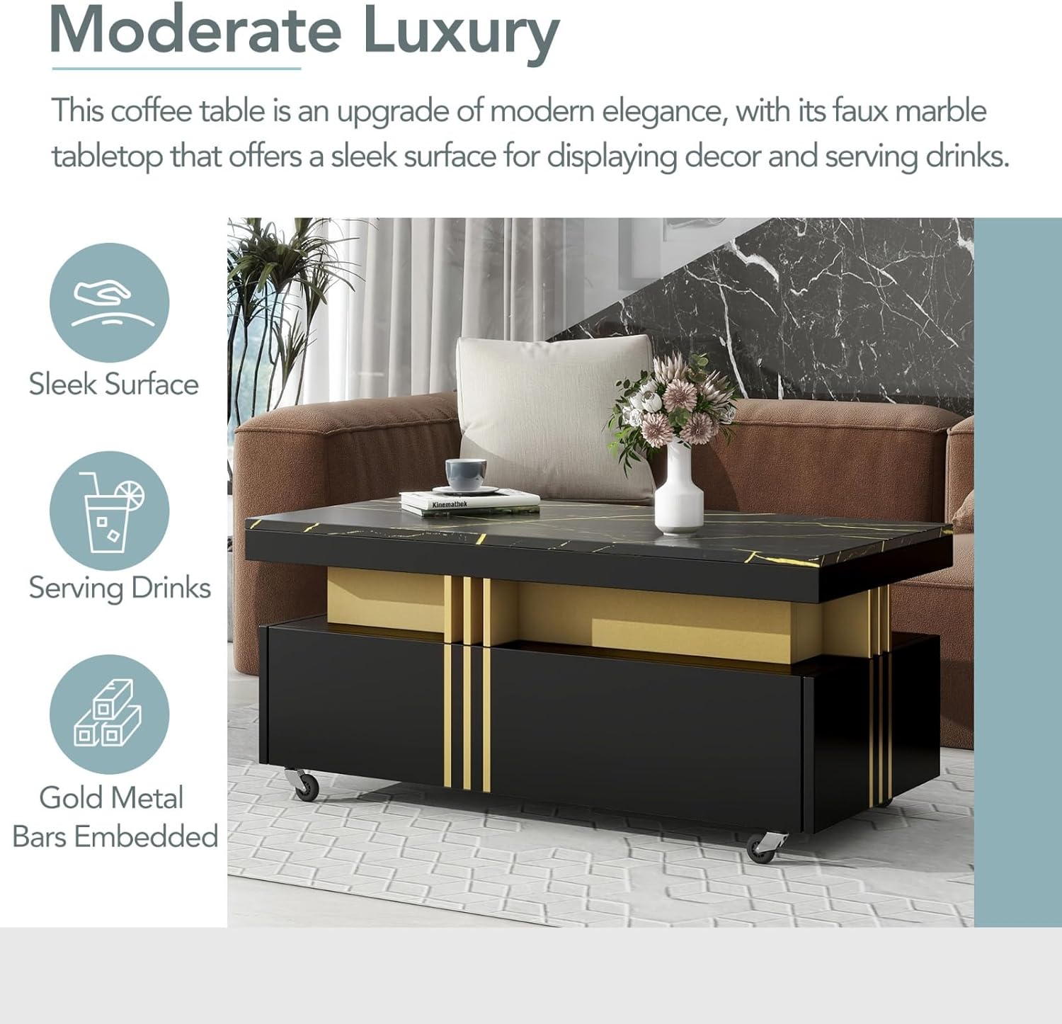 42 Inch Modern Coffee Table with Faux Marble Top, Black Rectangular Cocktail Table with Drawers and Caster Wheels, Gold Metal Bar Center Table for Living Room, Durable MDF Construction