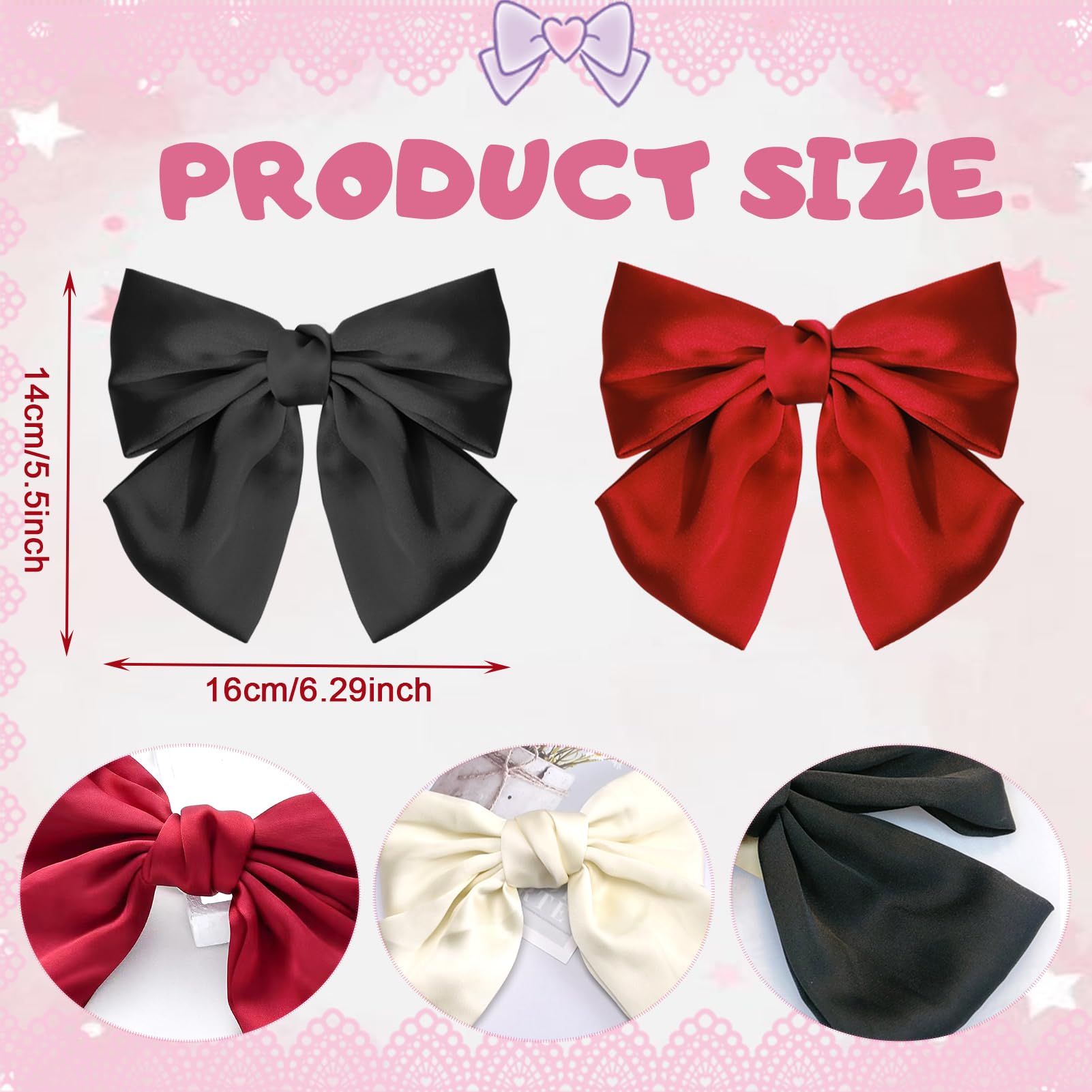 YONEEKSS 3PCS Bow Hair Clip,Hair Bows Barrettes for Women Girls Solid Color Big Bowknot Hairpin French Hair Clips with Ribbon - Image 2