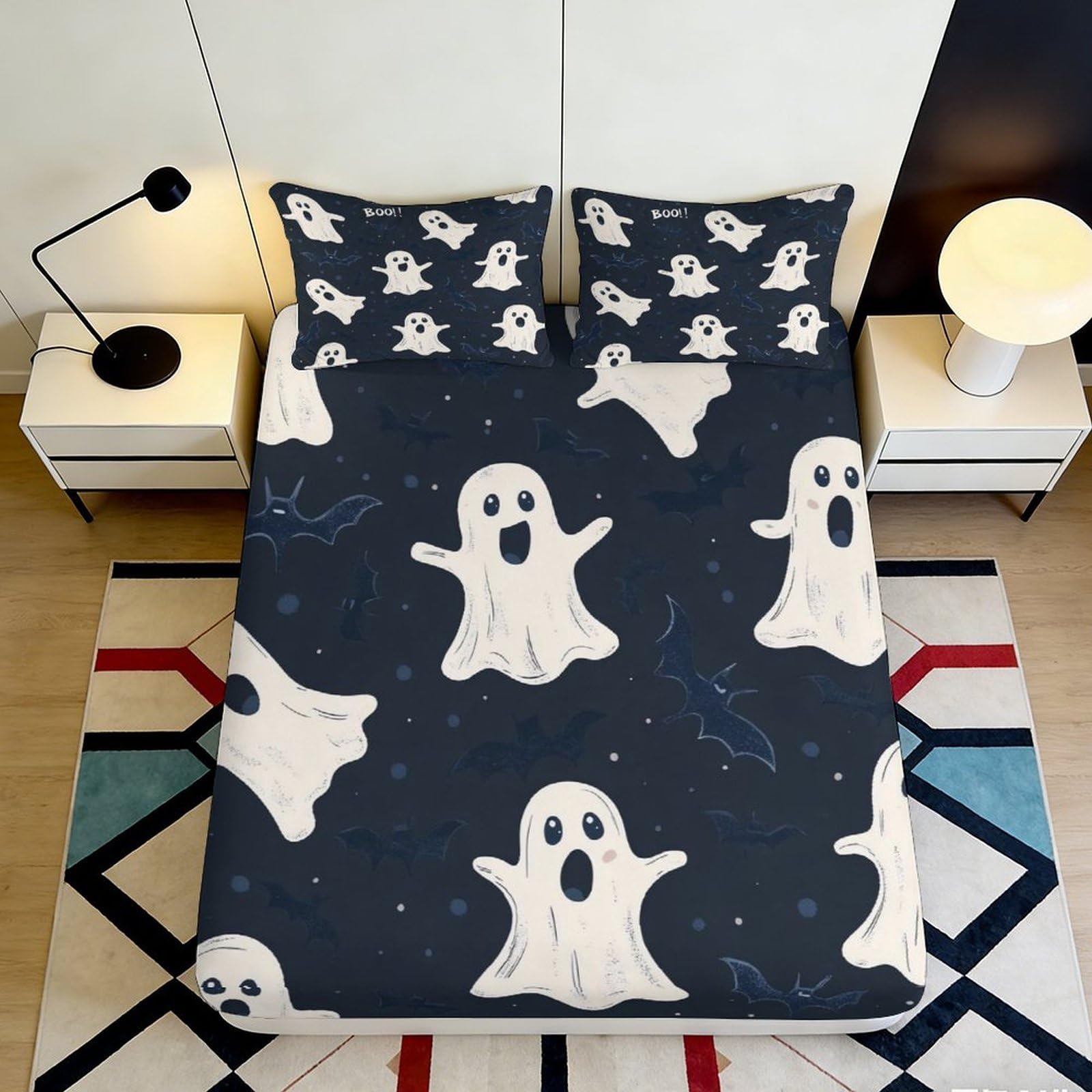 3D Printed Halloween Ghost Bat Fitted Sheet Microfiber Navy Mattress Cover for Bedroom Guest Room Decor 90x200x25cm
