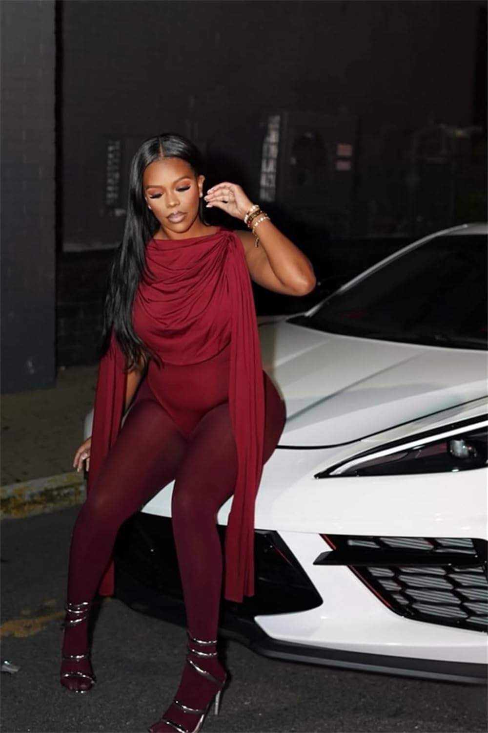 Women's Sexy 2 Piece Outfits Ruched Crowl Neck Cape Sleeve Thong Bodysuit Top Sheer Stockings Club Jumpsuits - Image 5