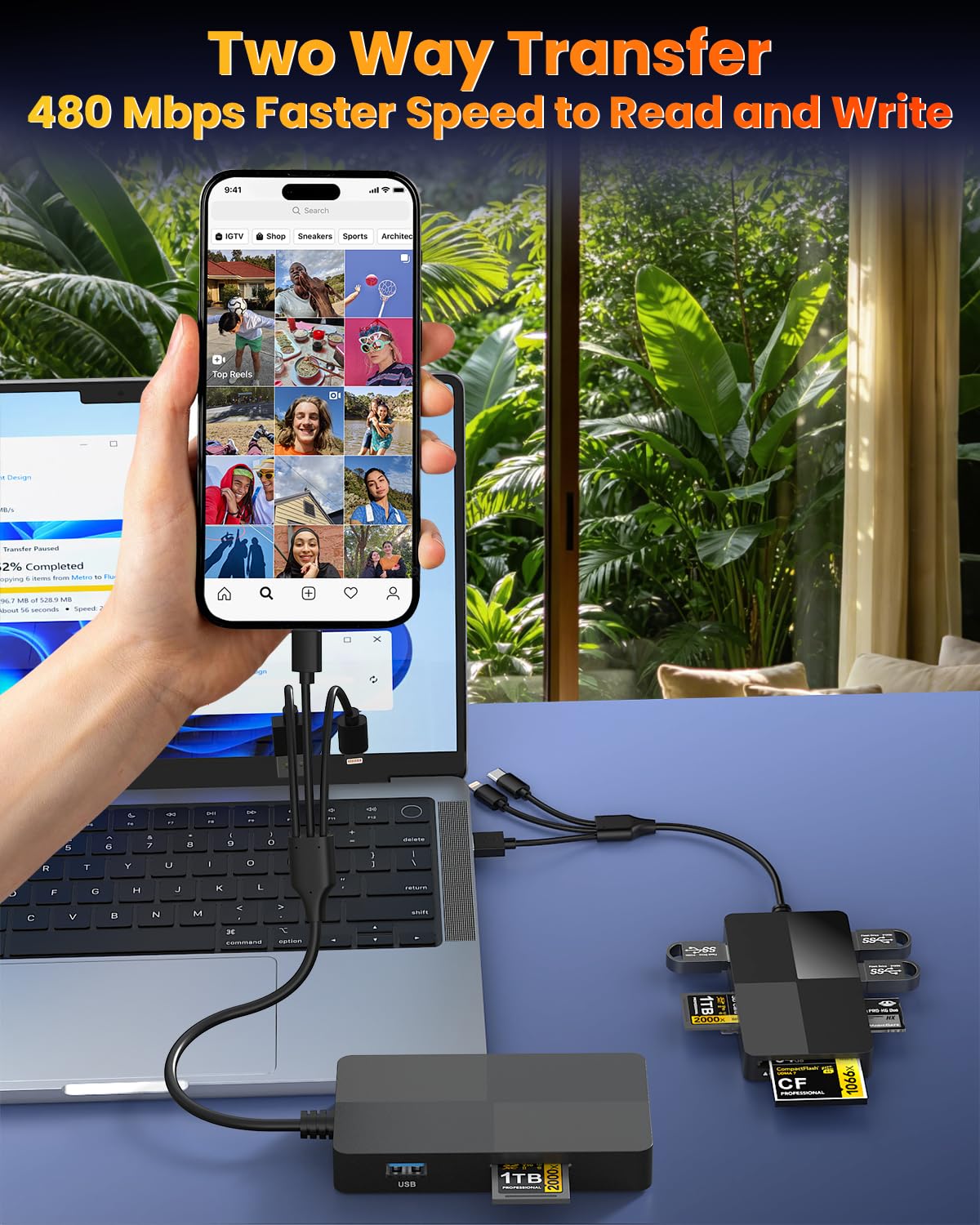 Lecteur de carte mémoire 8 en 1 avec connecteurs Lightning USB-C USB-A, lecteurs d'adaptateur Memory Stick Pro Duo pour cartes SD/TF/MS/CF/XD avec 3 ports USB 2.0 Lecteur de cartes XD pour iPhone/iPad