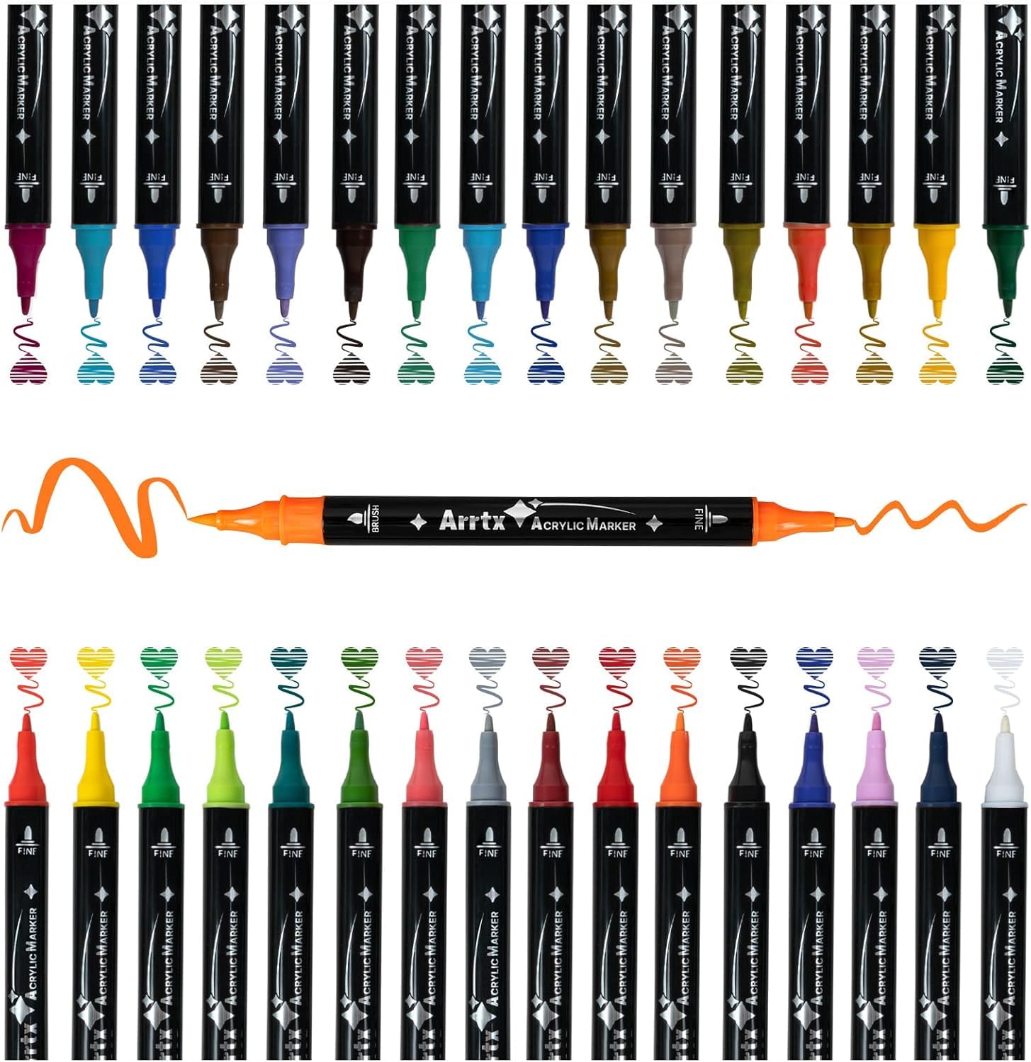 Arrtx Acrylstifte für Steine Bemalen, 32 Farben Marker Dual-Tip-Pinsel und feine Spitze, Permanent Acrylmarker für malerei, Keramik, Glas, Holz, Metall, Leinwand, DIY Fotoalbum