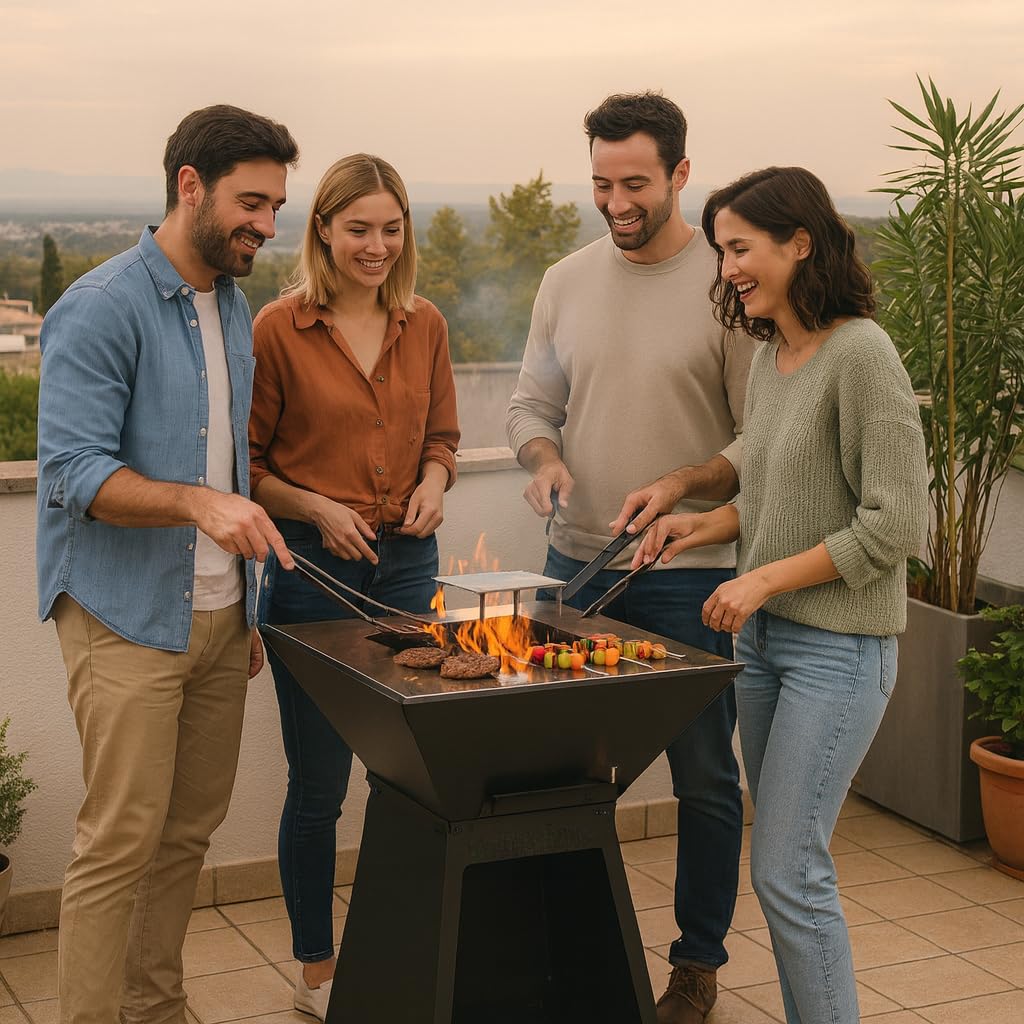 Barbecue a Legna Quadrato Professionale con Braciere con mattoni refrattari, Plancha 72x72 cm, h 97cm 4 Ruote e Ampio Portalegna - MADE IN SPAIN