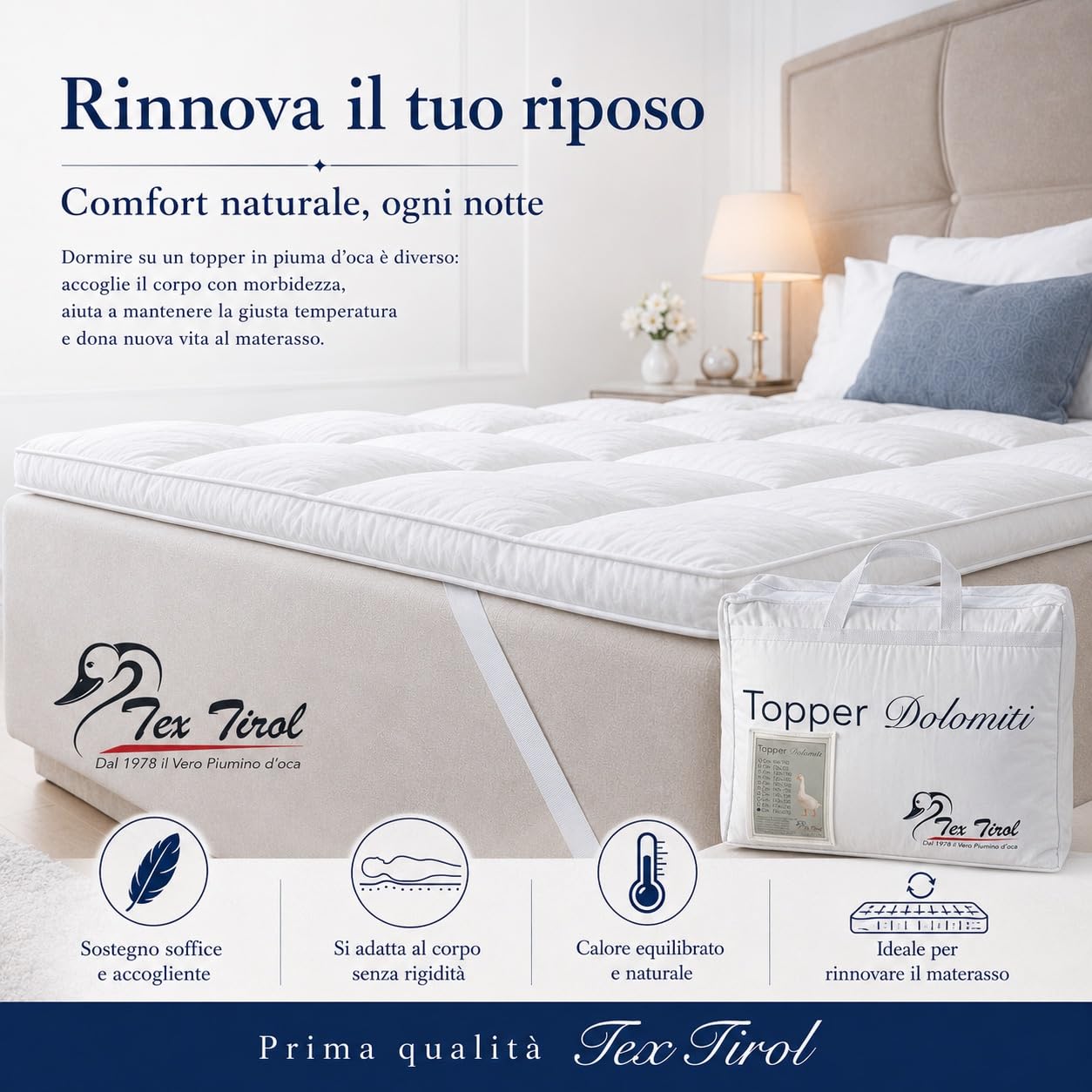 TOPPER per Materasso in PIUMINO Oca TEX TIROL © DOLOMITI 50% Piumino Oca / 50% Piuma Oca - Matrimoniale cm. 160x190