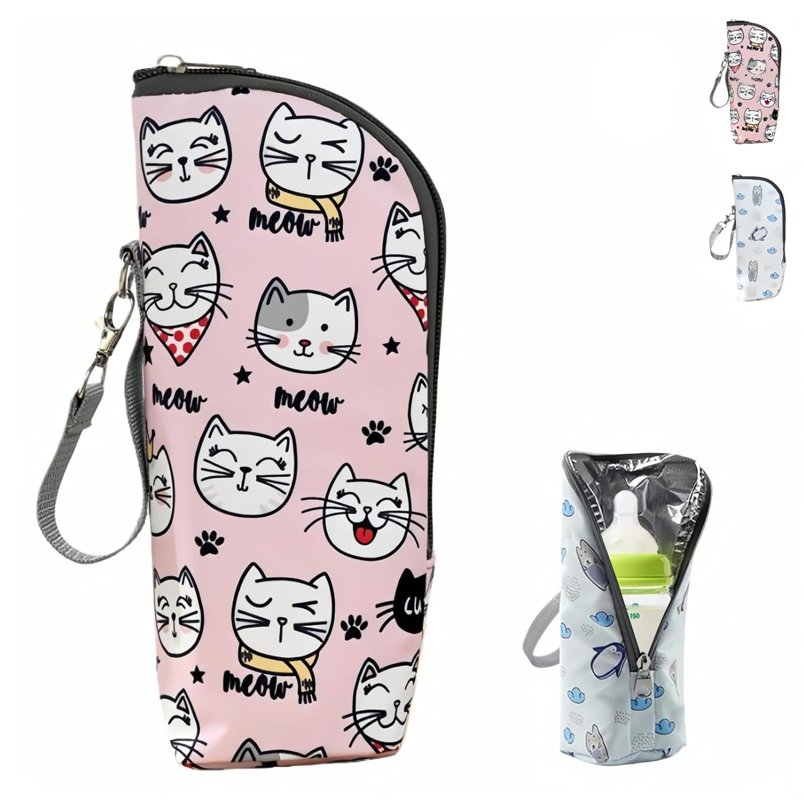 HUANYO Cute Animal Print Insulated Baby Bottle Bag – Thermal Bag to Keep Milk Warm or Cold, Fits Most Standard Bottles (cat)