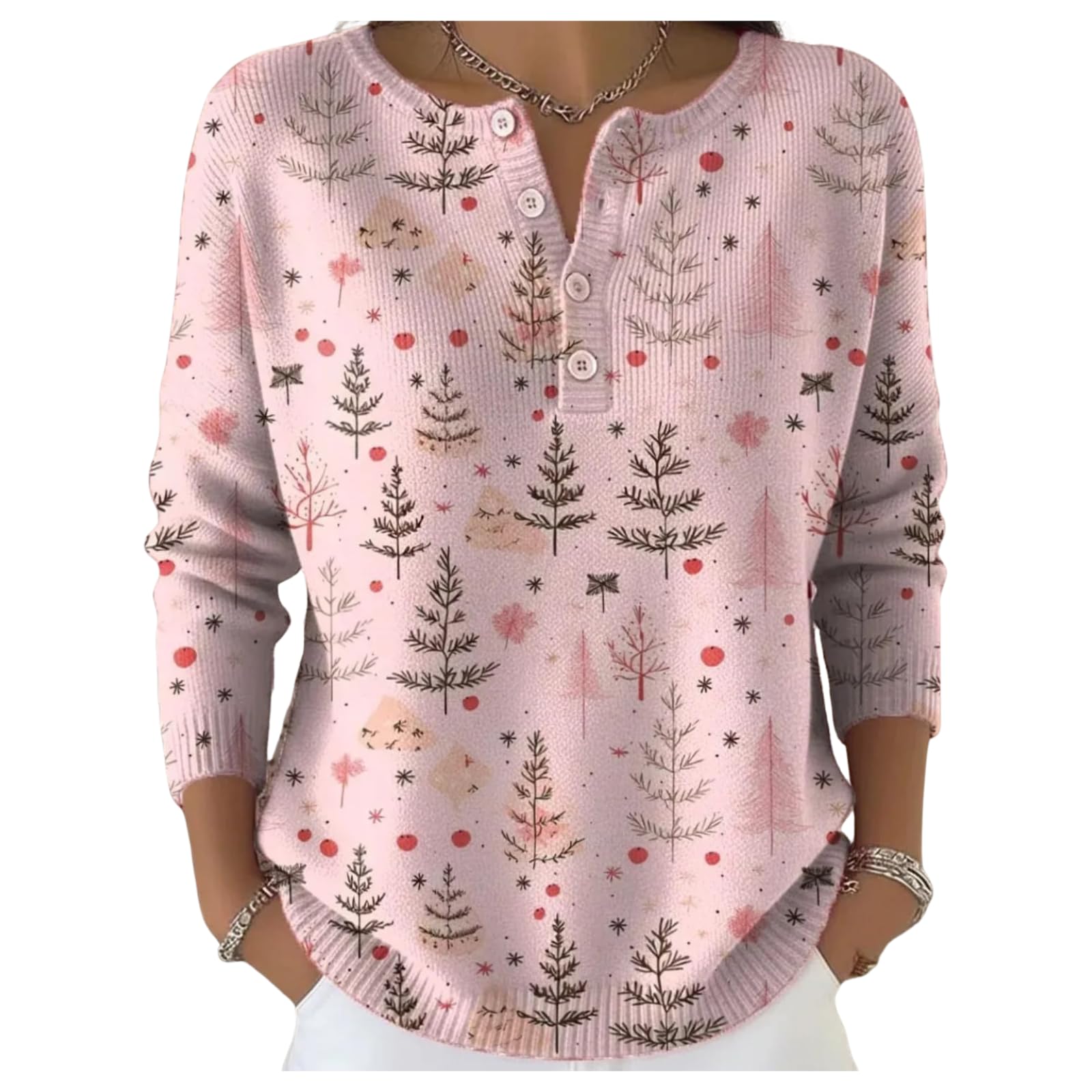 Womens Christmas Tree Art Print Pullover Sweatshirt Buttoned Cardigan V-Neck Tops Long Sleeve Spring Fall Winter Casual Regular