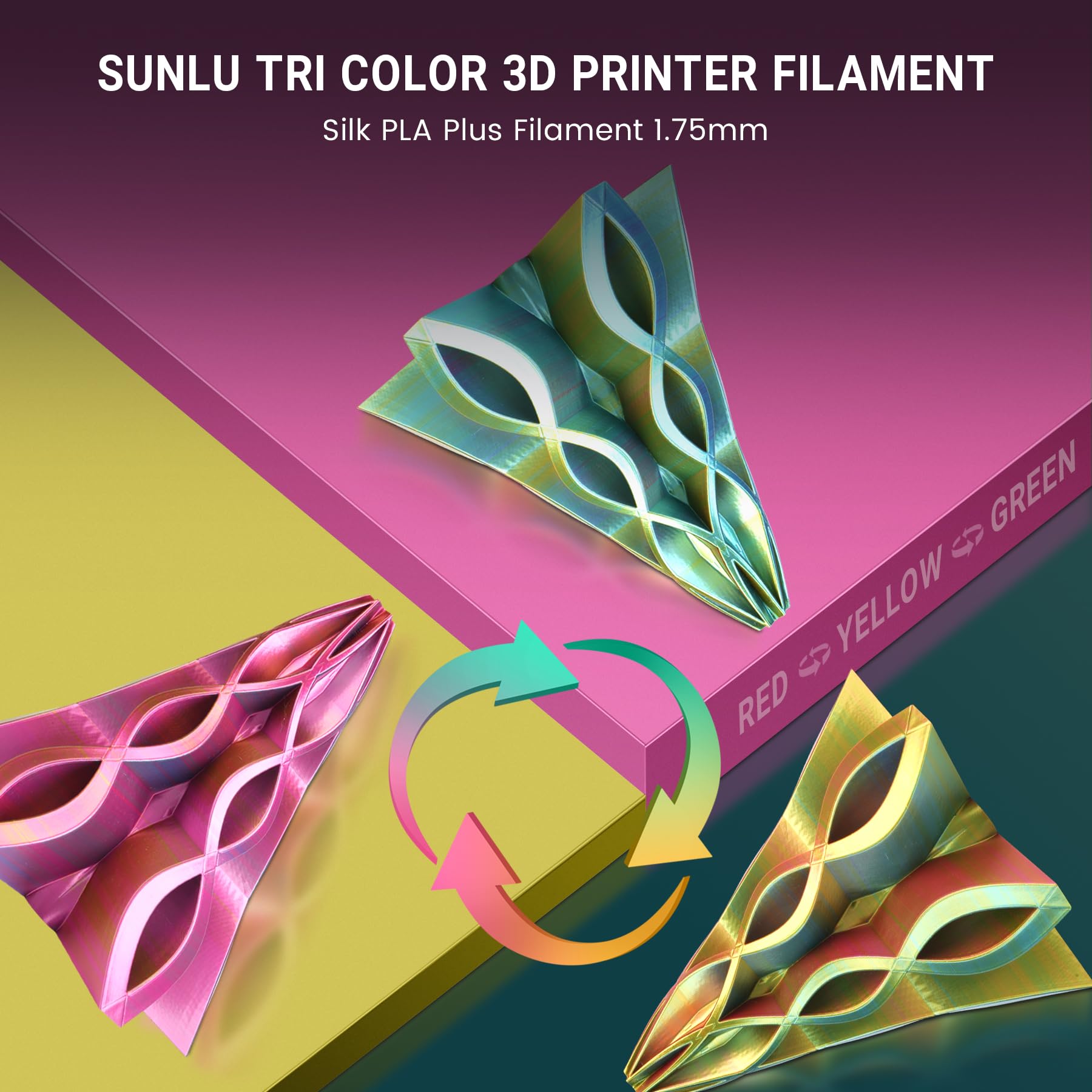 SUNLU Silk PLA Plus Filamento per stampante 3D, filamento PLA+ Lucido a Triplo Colore da 1.75mm, 360° Svela Vari Colori, Precisione Dimensionale +/- 0.02mm, Bobina da 1kg, Rosso Giallo Verde