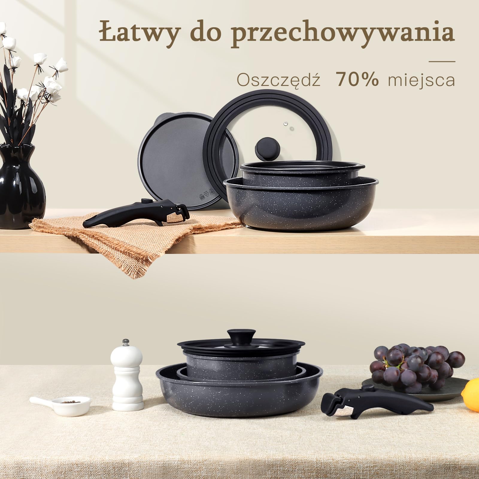 GiPP Zestaw 8 Sztuk Naczyń z Powłoką Nieprzywierającą, Aluminium, Czarny, Odłączany Uchwyt