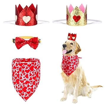 Valentine's Day Dog Pet Hearts Crown Headband and Red Sequin Dog Bowtie Collar Valentines Dog Bandana Pet Triangle Heart Love Bibs Scarfs Set for Dog Cat Glitter Valentines Birthday Party Supplies