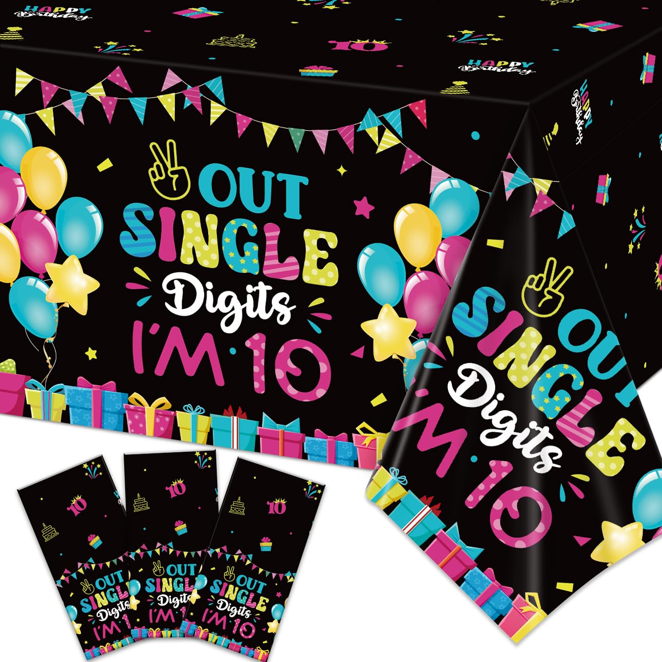 10th Birthday Decorations for Girl 3Pcs 10th Birthday Tablecloths Out Single Digits I'm 10 Plastic Table Cloth 10 Year Old Disposable Table Cover Large Size 54 x 108 Inch Rectangular Tablecloths