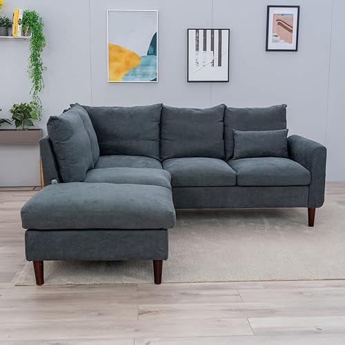 Miniatura 8 de Panana Sofá modular esquinero, sofá de tela de lino en forma de L de 5 asientos con diván de puerto USB integrado (gris, esquina de 5 plazas con