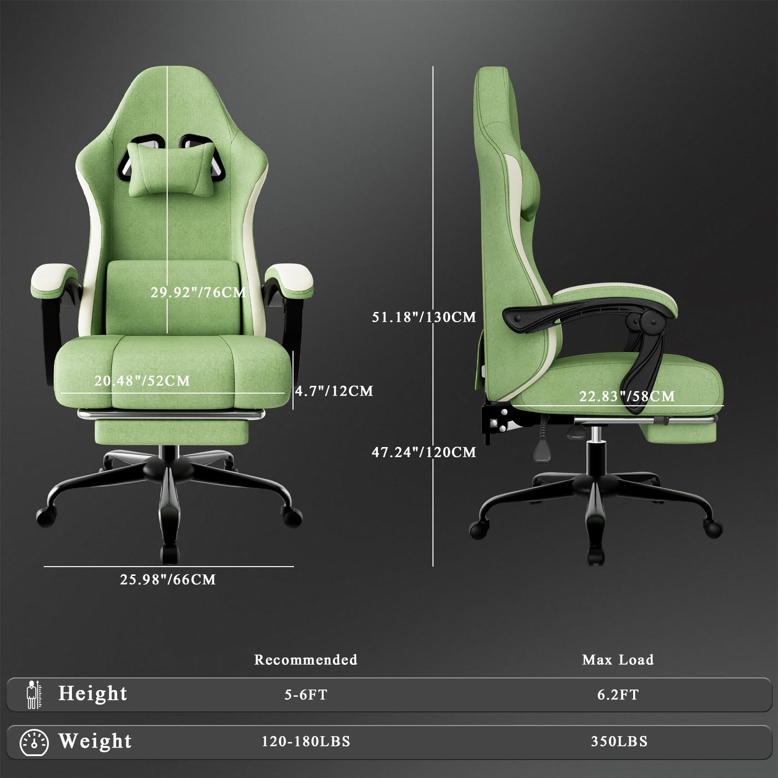 Sedia da Gaming Ergonomica con Molle Insacchettate e Poggiapiedi, Sedia Gamer con Supporto Lombare Regolabile, Sedie da Ufficio Schienale Regolabile 90-135°, Portata 150 Kg (Verde lime)