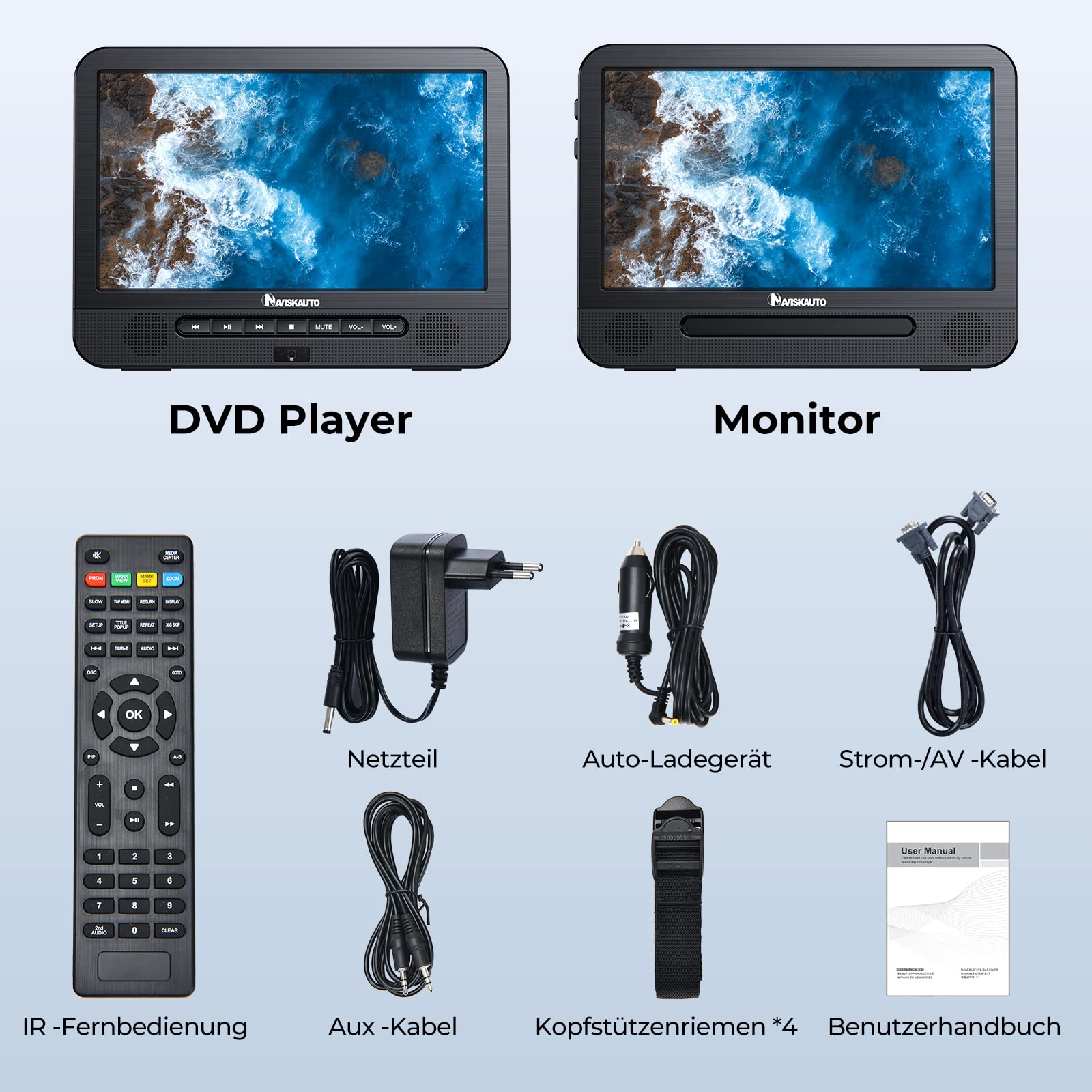 NAVISKAUTO Blu Ray DVD Player Auto 2 Bildschirme 10,1" Mit 4 Stunden Akku, tragbarer Bluray DVD Player 2 Monitore Kopfstütze HDMI Ausgang USB SD