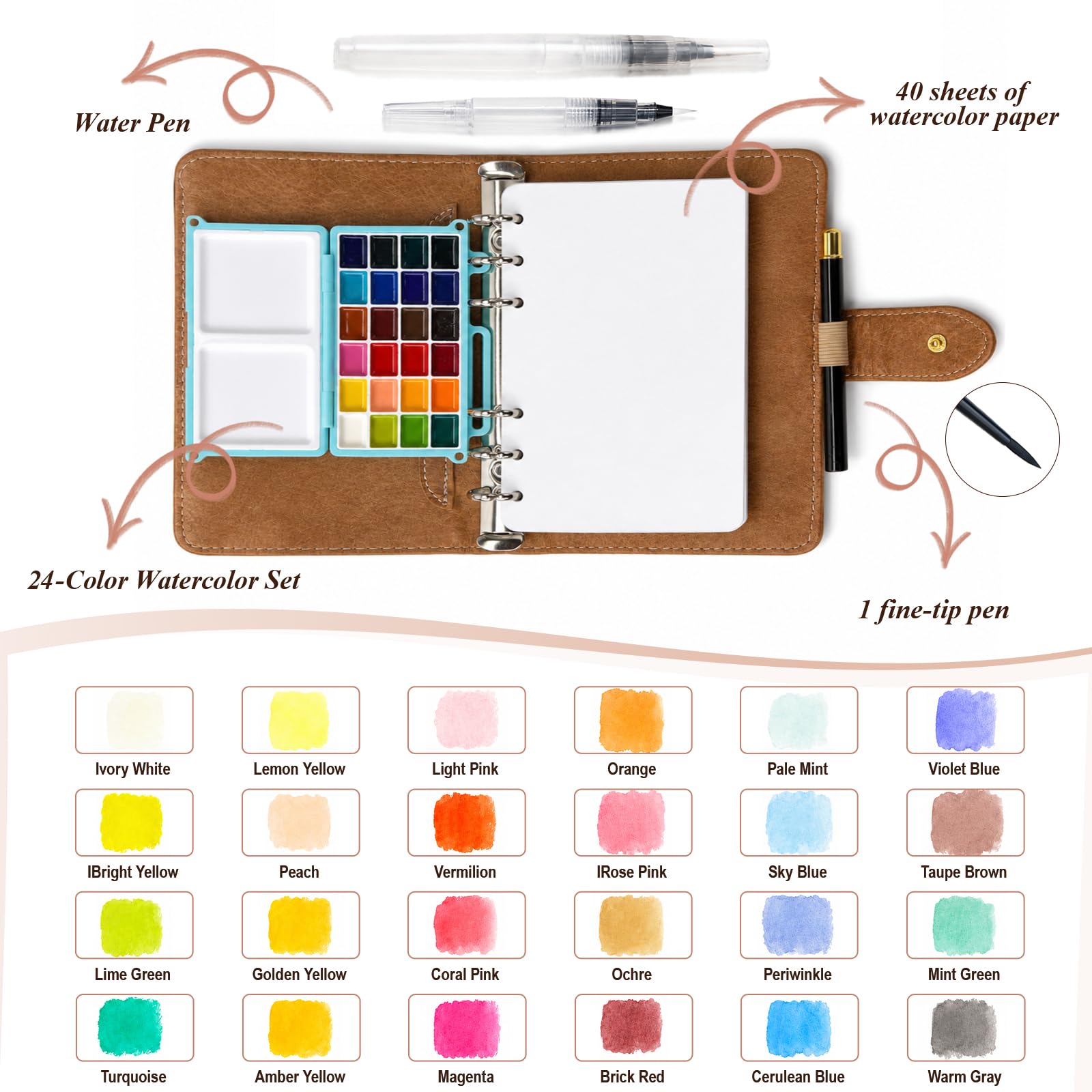 Set di pittura ad acquerello portatile da viaggio, 24 colori, scatola di pittura tascabile, 17,8 x 13 cm | 40 fogli di carta di cotone da 300 g/m² e 3 pennelli, album da disegno per artisti, pittura all'aperto e principianti
