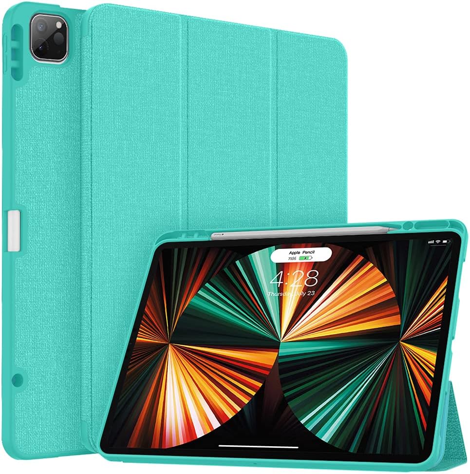 Soke iPad Pro 12.9 Case 2022 2021 with Pencil Holder - [Full Body Protection + 2nd Gen Apple Pencil Charge + Auto Wake/Sleep], Soft TPU Back Cover for iPad Pro 12.9 inch 6th 5th Generation(Aqua)
