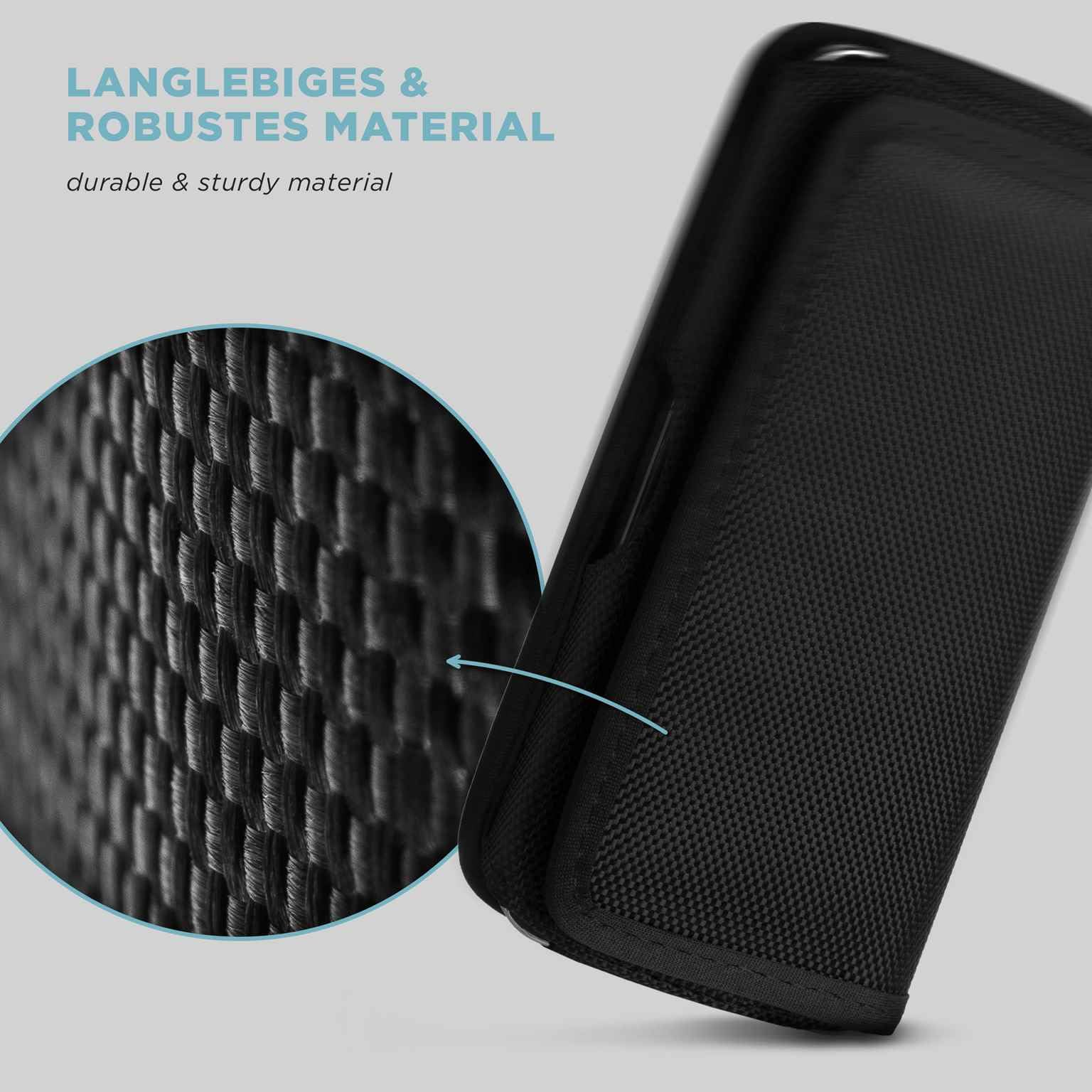 moex Funda de malla para iPhone 13 mini con cierre de velcro horizontal, funda para teléfono móvil con clip para cinturón, nailon resistente, funda horizontal con soporte para cinturón, color negro