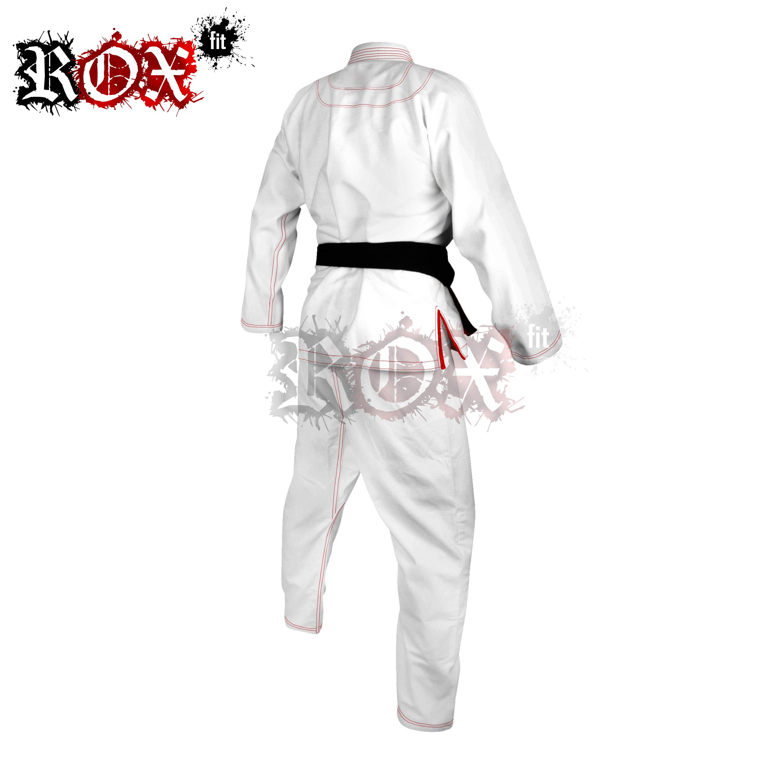 ROX Fit BJJ Gi Trajes con Blanco sin cinturón para Competencia Gi - Traje de Jiu-Jitsu brasileño, Color Blanco con Costuras Rojas, tamaño A2 White Suit with Red Stitching