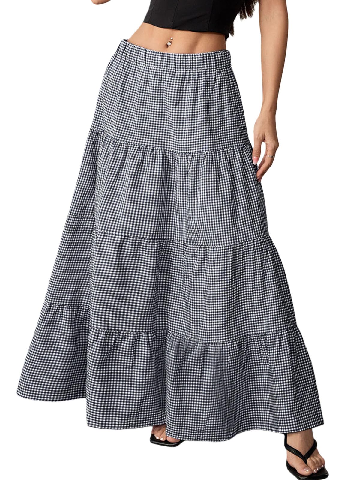TITOMD Women's Maxi Skirt Summer Spring Clothes Boho A Line Ruffle Plaid Gingham Elastic Flowy Fashion 2026 Long Skirts