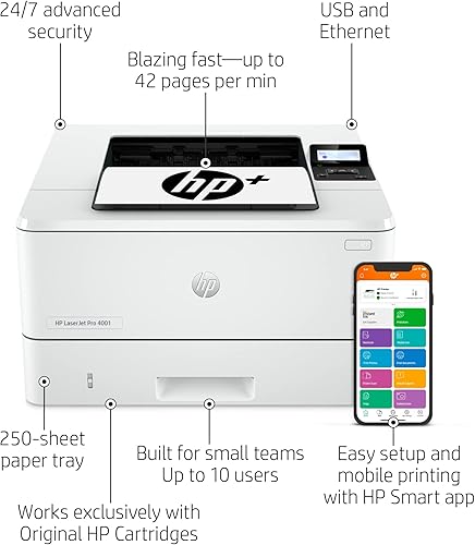 Miniatura 2 de HP Impresora LaserJet Pro 4001ne en blanco y negro con funciones de oficina inteligente HP+ (renovado)